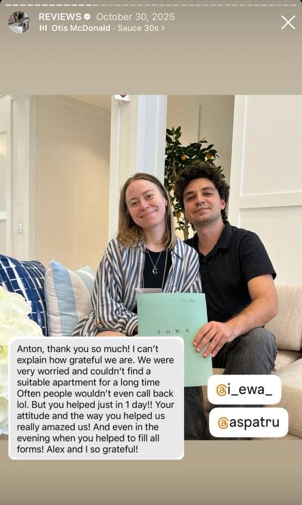 Couple thanking Anton for finding an apartment in one day
