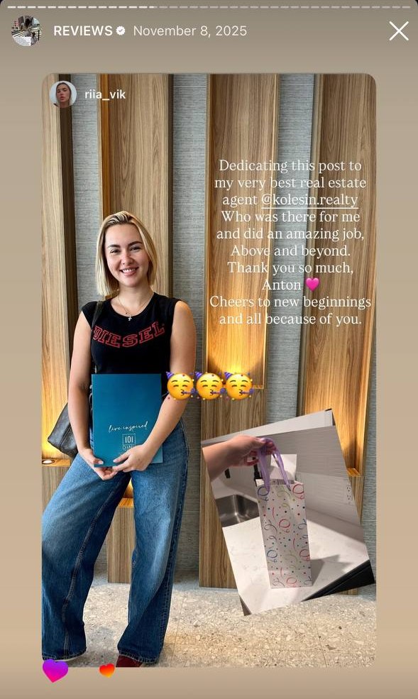Client with move-in gift, calling Anton her best real estate agent